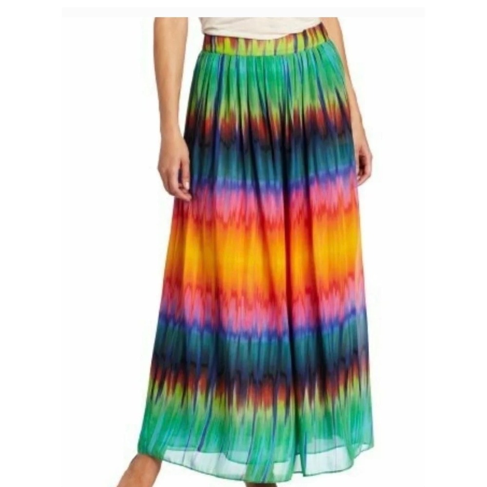 Vince Camuto Rainbow Band Tie Dye Pleated Maxi Skirt Ikat Watercolor Size 8